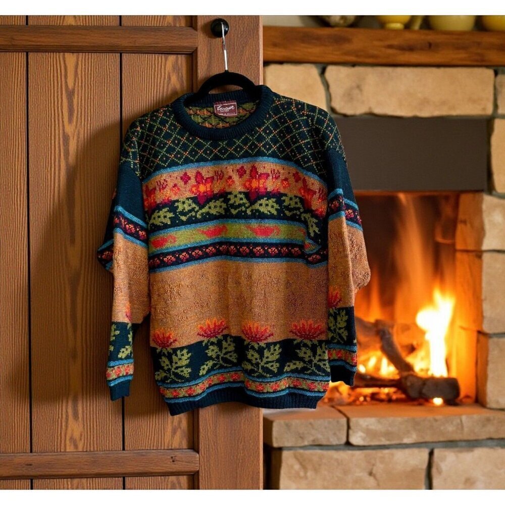 Vintage 90s Y2K Concepts Knitwear 100% Wool Multicolored Floral Pullover Sweater